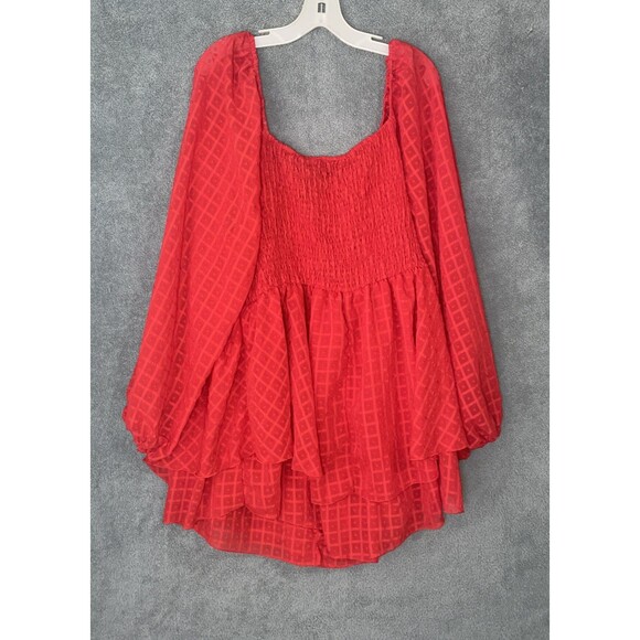 Womens Romper 4XLRed Smocked Swiss Dots Boho Peasant Indie Romantic Soft Girl - Picture 13 of 14